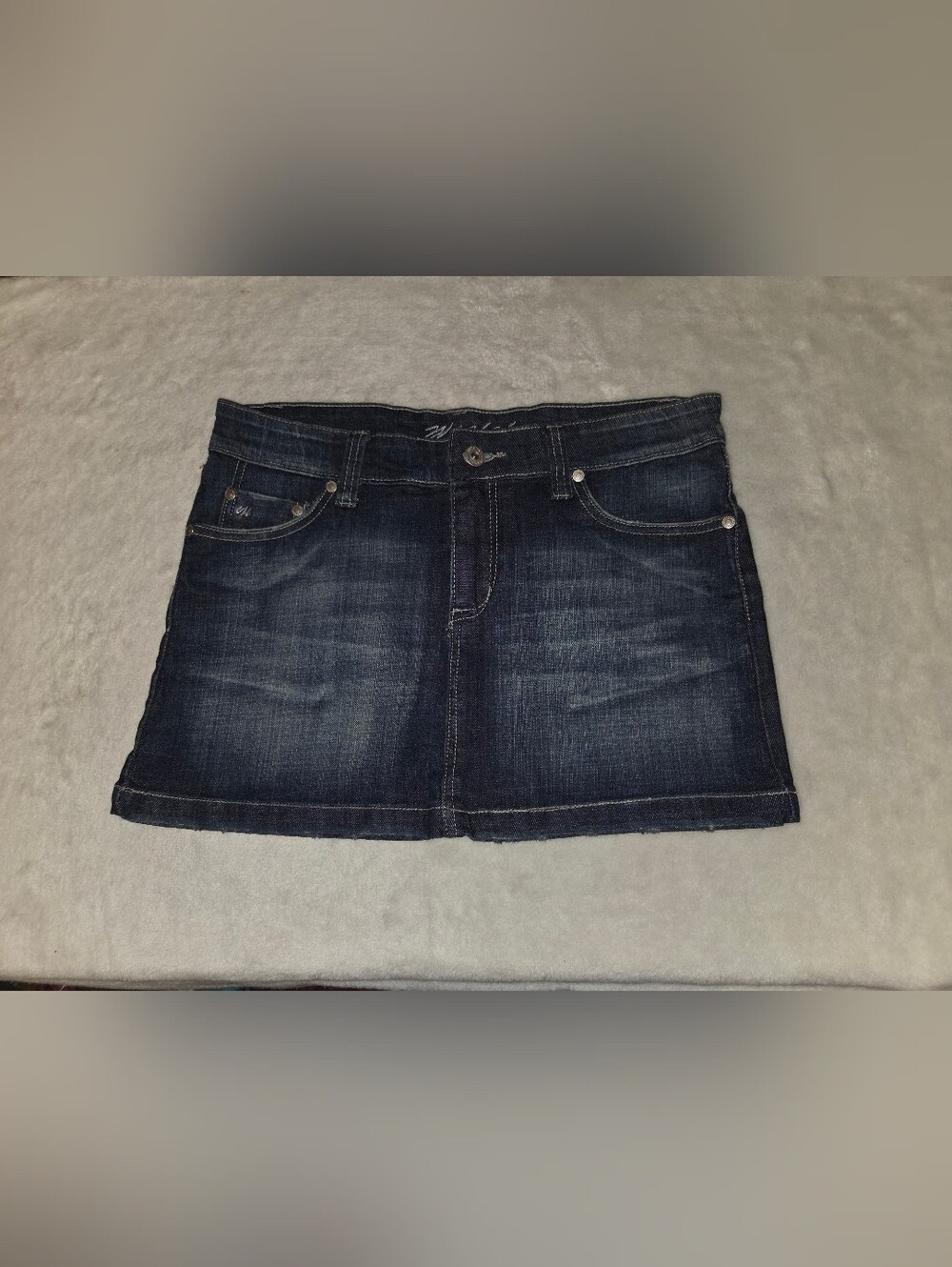 Vtg Y2K Michael Wash Denim Mini Skirt Embroidered Rhinestone Pockets Sz M
